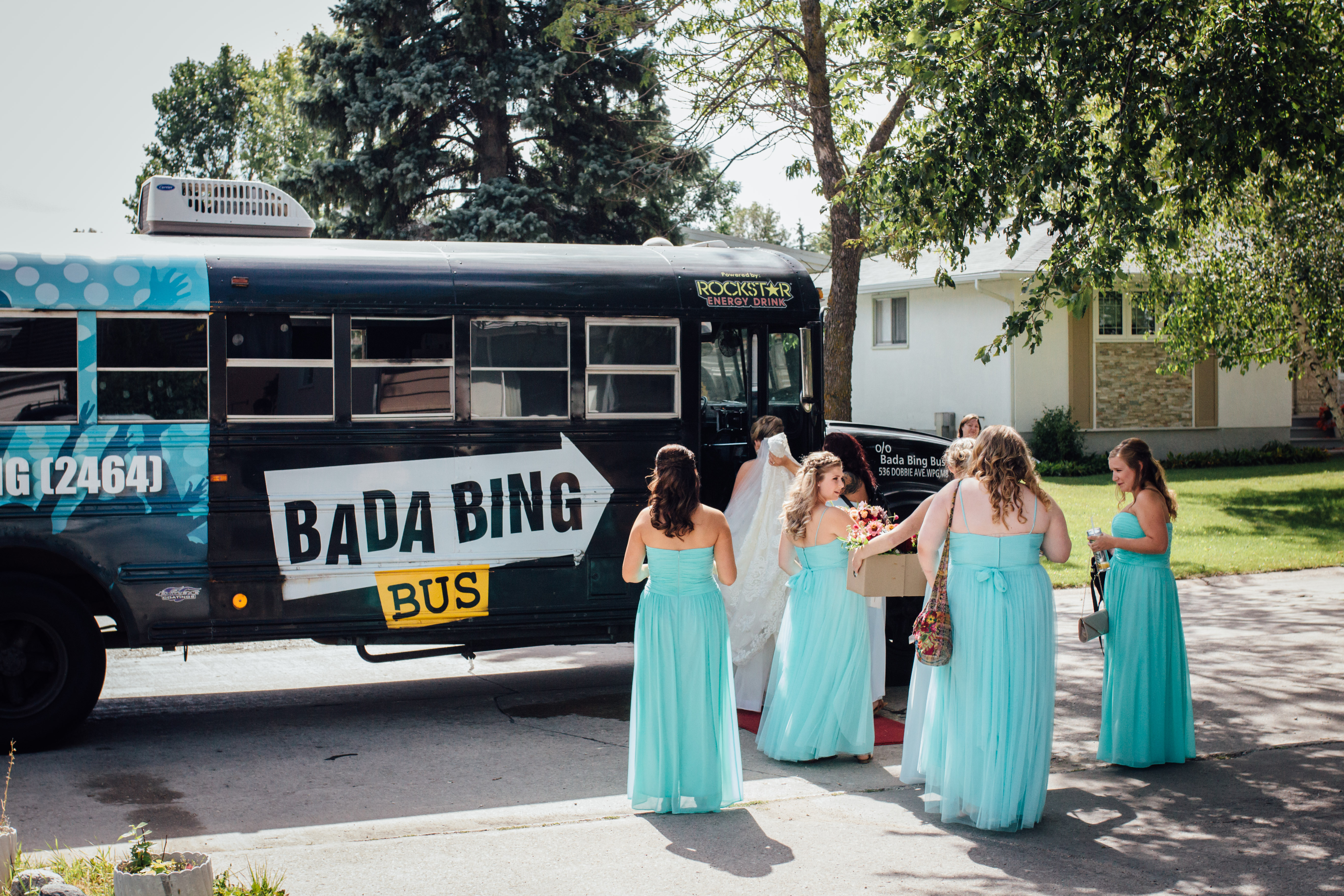 Qualico Family Centre Wedding - on the bus